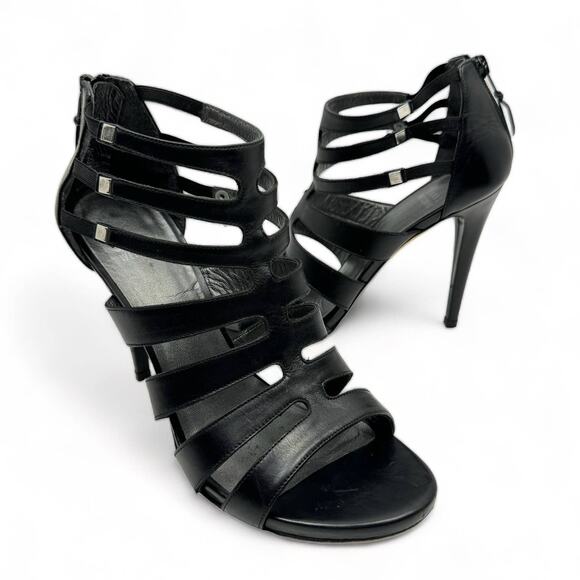 Stuart Weitzman Outing Black Leather Strappy Cage Studded Stiletto Heel Sandal - Picture 1 of 12